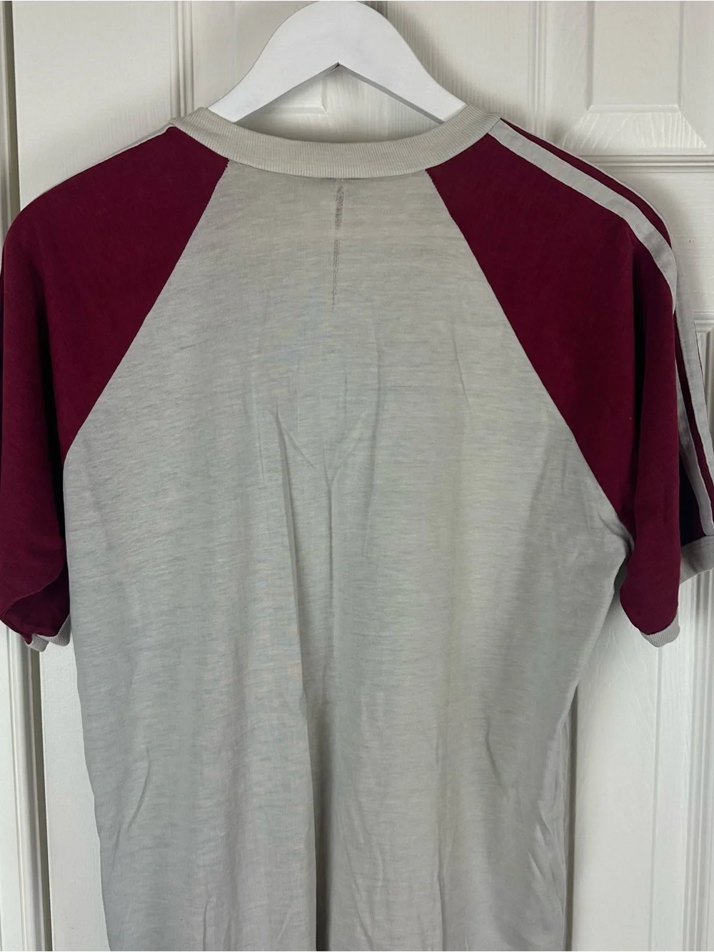 Vintage 80’s Adidas Gray Tee with Burgundy Raglan Sleeves and Trefoil Logo